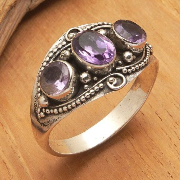Alternate image for Sterling Silver Multi-Gemstone Ring with Amethysts from Bali Purple Enchantment
