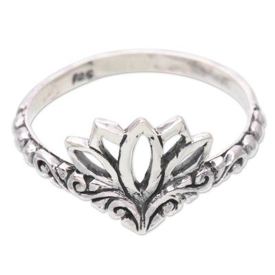 Alternate image for Balinese Sterling Silver Band Ring with Lotus Flower Motif Lotus Queen