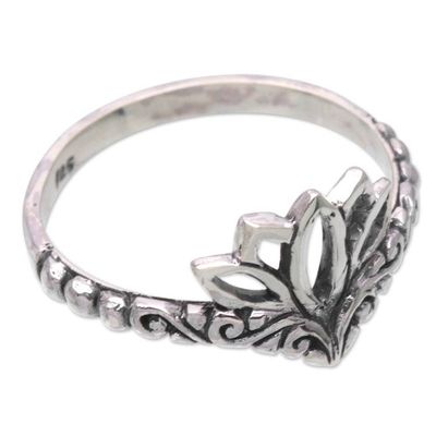Alternate image for Balinese Sterling Silver Band Ring with Lotus Flower Motif Lotus Queen