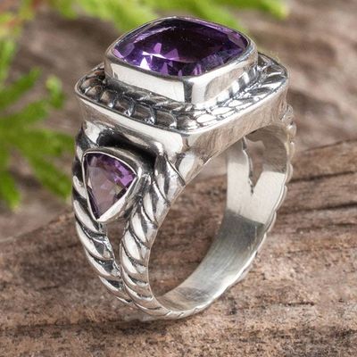 Alternate image for Sterling Silver Cocktail Ring with 3 Amethyst Stones Fantastic Purple