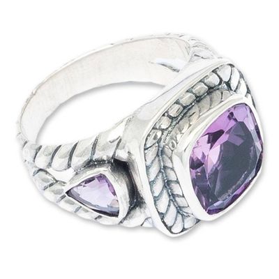 Alternate image for Sterling Silver Cocktail Ring with 3 Amethyst Stones Fantastic Purple