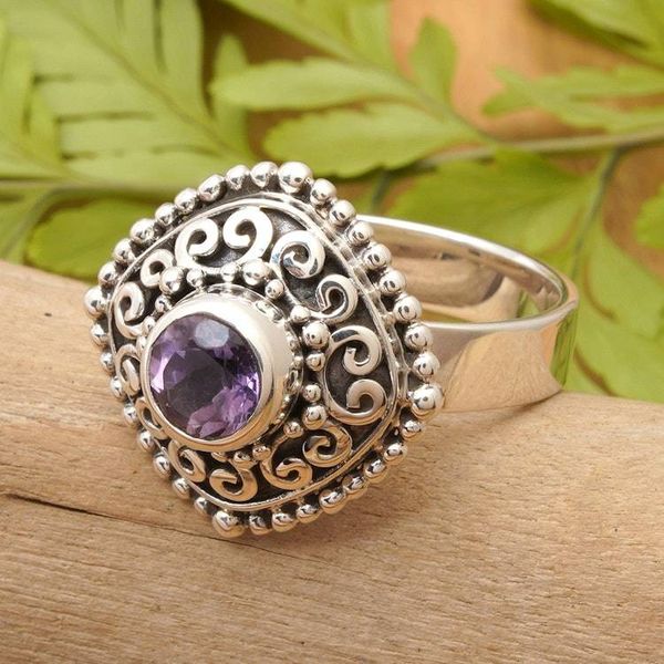 Alternate image for Square Textured Silver Cocktail Ring with Amethyst Gemstone Sparkling Square