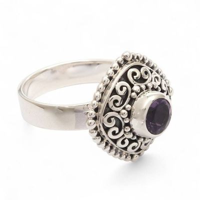 Alternate image for Square Textured Silver Cocktail Ring with Amethyst Gemstone Sparkling Square