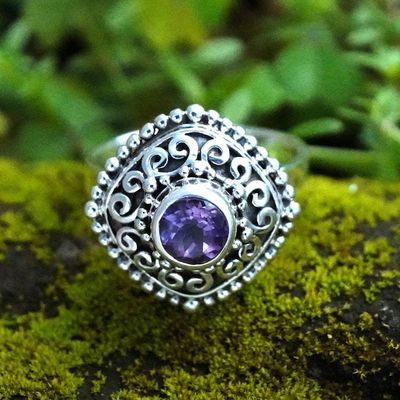 Alternate image for Square Textured Silver Cocktail Ring with Amethyst Gemstone Sparkling Square