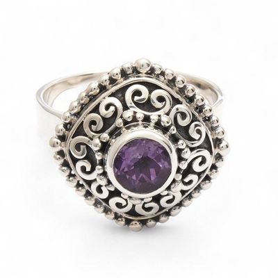 Alternate image for Square Textured Silver Cocktail Ring with Amethyst Gemstone Sparkling Square