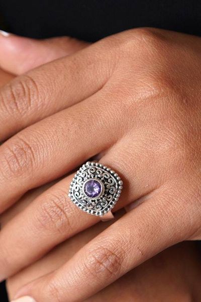 Alternate image for Square Textured Silver Cocktail Ring with Amethyst Gemstone Sparkling Square