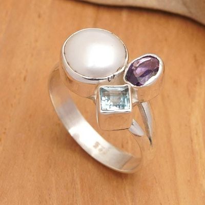 Alternate image for Amethyst and Blue Topaz Cocktail Ring with White Pearl Jewels from Heaven