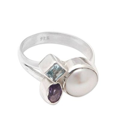 Alternate image for Amethyst and Blue Topaz Cocktail Ring with White Pearl Jewels from Heaven