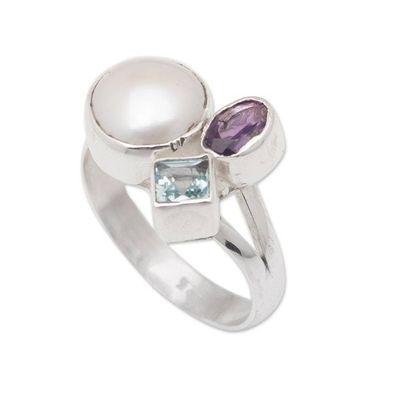 Alternate image for Amethyst and Blue Topaz Cocktail Ring with White Pearl Jewels from Heaven