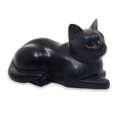 Alternate image for Artisan Crafted Black Cat Sculpture from Indonesia Stay Calm Black Cat
