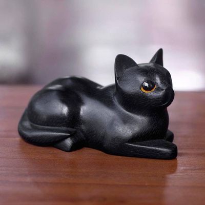 Alternate image for Artisan Crafted Black Cat Sculpture from Indonesia Stay Calm Black Cat