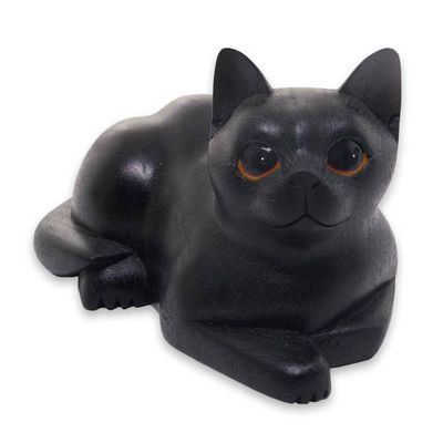 Alternate image for Artisan Crafted Black Cat Sculpture from Indonesia Stay Calm Black Cat