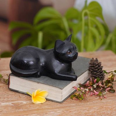 Alternate image for Artisan Crafted Black Cat Sculpture from Indonesia Stay Calm Black Cat