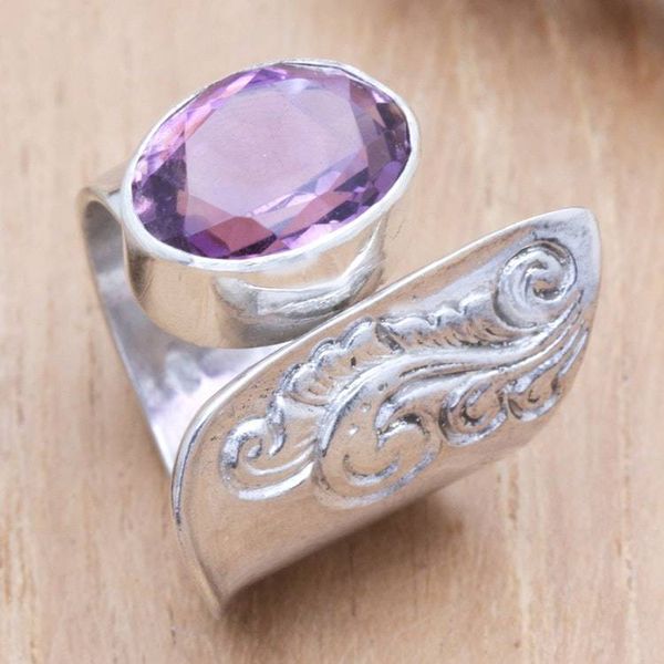 Alternate image for Balinese Tatahan Sterling Silver Cocktail Ring with Amethyst Purple Ripple
