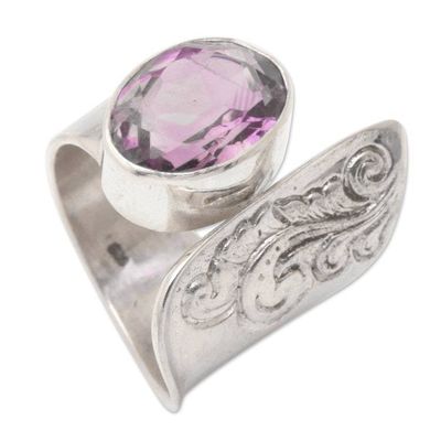 Alternate image for Balinese Tatahan Sterling Silver Cocktail Ring with Amethyst Purple Ripple