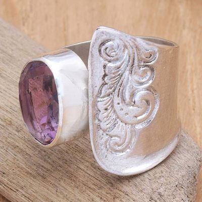 Alternate image for Balinese Tatahan Sterling Silver Cocktail Ring with Amethyst Purple Ripple