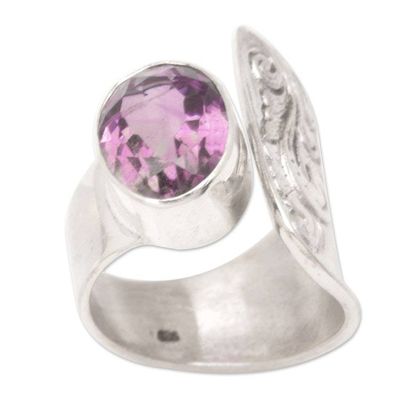 Alternate image for Balinese Tatahan Sterling Silver Cocktail Ring with Amethyst Purple Ripple