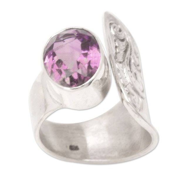 Alternate image for Balinese Tatahan Sterling Silver Cocktail Ring with Amethyst Purple Ripple