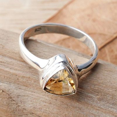 Alternate image for Silver Single Stone Ring with Triangular Faceted Citrine Gem Minimalist Sophistication