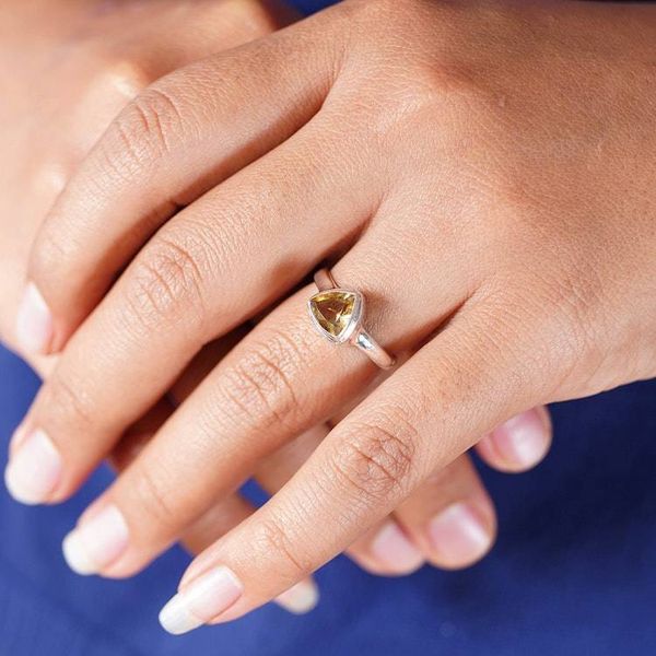Alternate image for Silver Single Stone Ring with Triangular Faceted Citrine Gem Minimalist Sophistication