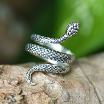 Alternate image for Snake-Shaped Polished and Oxidized Sterling Silver Wrap Ring Discreet Vanquisher
