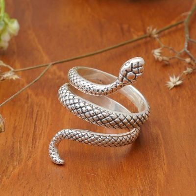 Alternate image for Snake-Shaped Polished and Oxidized Sterling Silver Wrap Ring Discreet Vanquisher