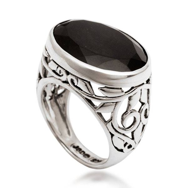 Alternate image for 8.5 Carat Onyx Silver Single Stone Ring with Leaf Patterns The Garden of Love