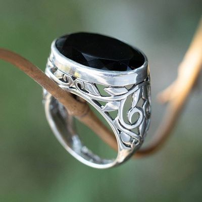 Alternate image for 8.5 Carat Onyx Silver Single Stone Ring with Leaf Patterns The Garden of Love