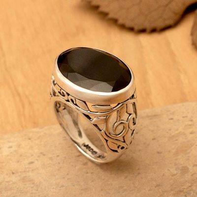 Alternate image for 8.5 Carat Onyx Silver Single Stone Ring with Leaf Patterns The Garden of Love