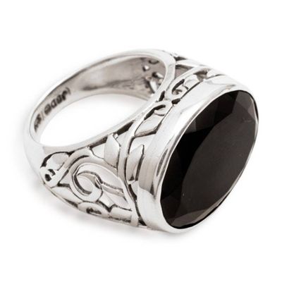 Alternate image for 8.5 Carat Onyx Silver Single Stone Ring with Leaf Patterns The Garden of Love