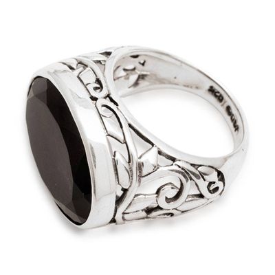 Alternate image for 8.5 Carat Onyx Silver Single Stone Ring with Leaf Patterns The Garden of Love