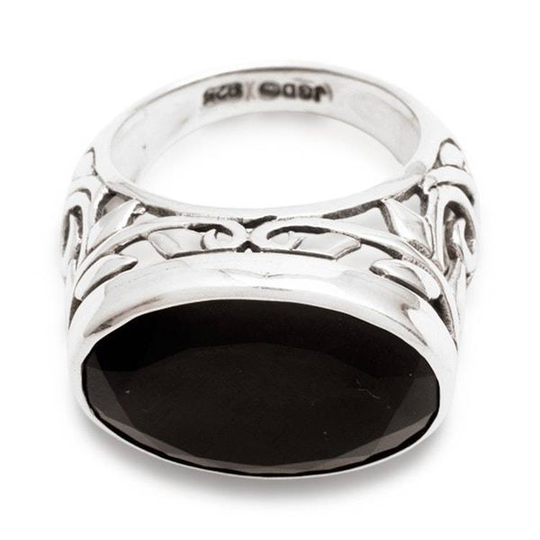 Alternate image for 8.5 Carat Onyx Silver Single Stone Ring with Leaf Patterns The Garden of Love