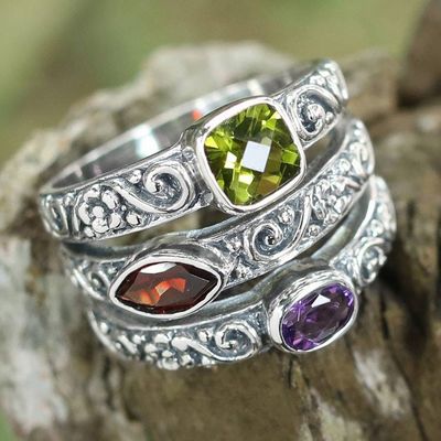 Primary image for Sterling Silver Peridot Garnet and Amethyst Cocktail Ring Rainbow Spell
