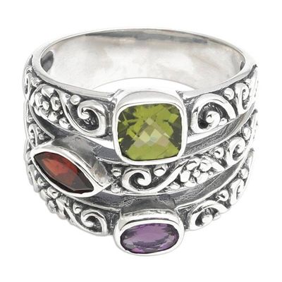 Alternate image for Sterling Silver Peridot Garnet and Amethyst Cocktail Ring Rainbow Spell