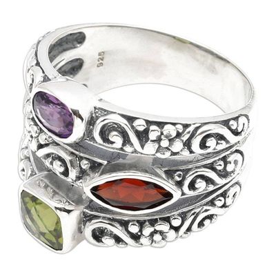 Alternate image for Sterling Silver Peridot Garnet and Amethyst Cocktail Ring Rainbow Spell