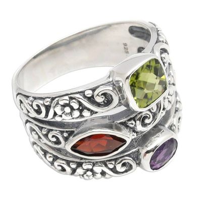 Alternate image for Sterling Silver Peridot Garnet and Amethyst Cocktail Ring Rainbow Spell