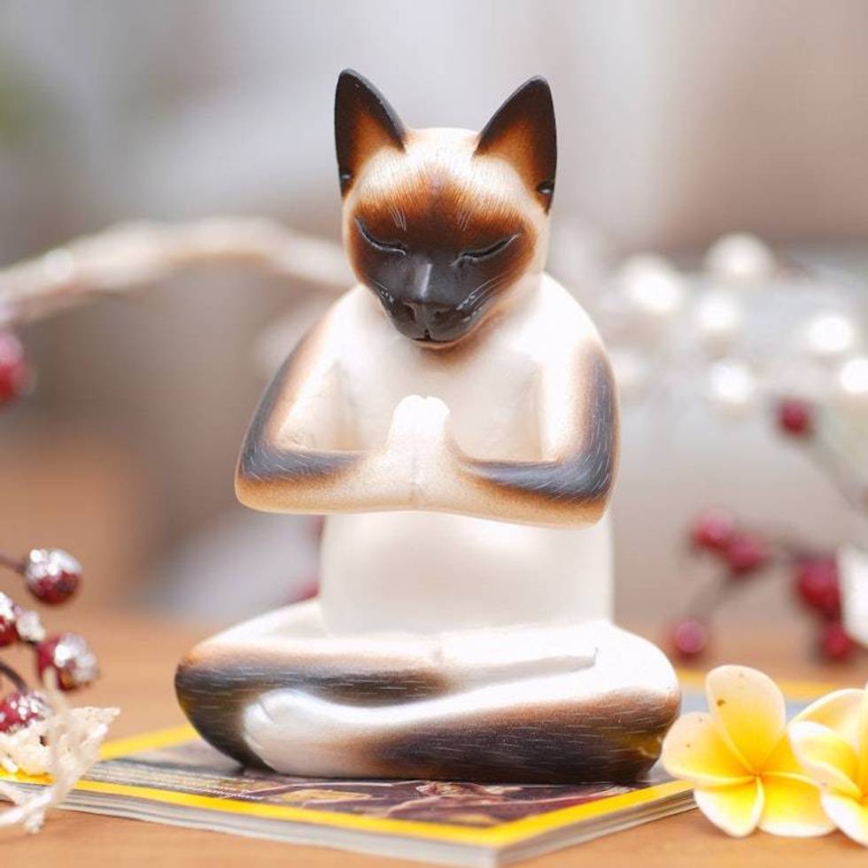 Original Hand Carved Cat Sculpture 'Kitty Meditates'