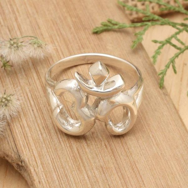 Alternate image for Sacred Omkara-Themed Sterling Silver Band Ring Made in Bali Islander Omkara