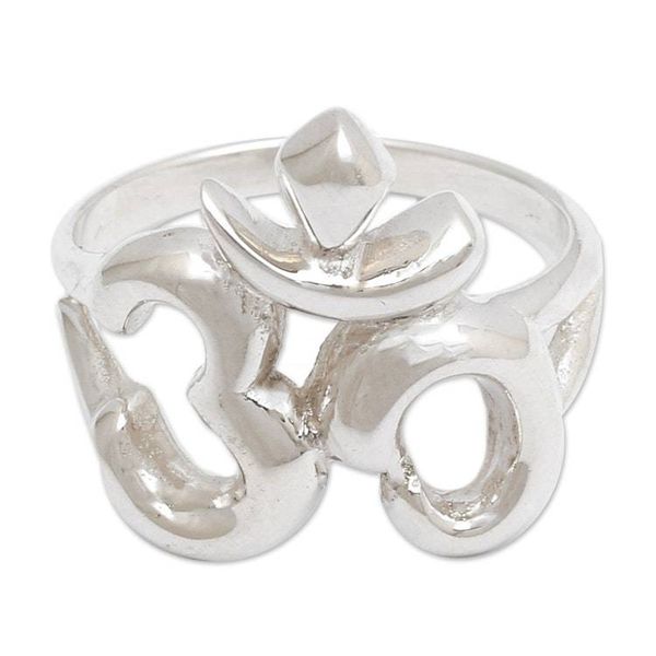 Alternate image for Sacred Omkara-Themed Sterling Silver Band Ring Made in Bali Islander Omkara