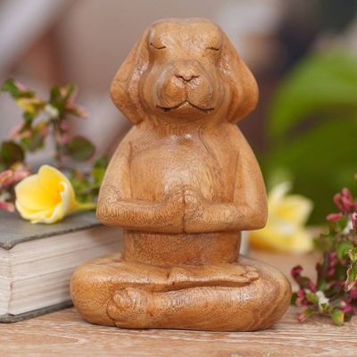 Primary image for Brown Wood Puppy Sculpture in Whimsical Yoga Pose Meditating Puppy