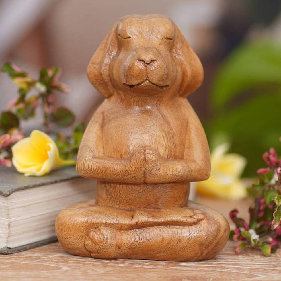 Brown Wood Puppy Sculpture in Whimsical Yoga Pose 'Meditating Puppy'