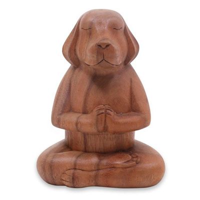 Alternate image for Brown Wood Puppy Sculpture in Whimsical Yoga Pose Meditating Puppy