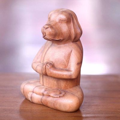 Alternate image for Brown Wood Puppy Sculpture in Whimsical Yoga Pose Meditating Puppy