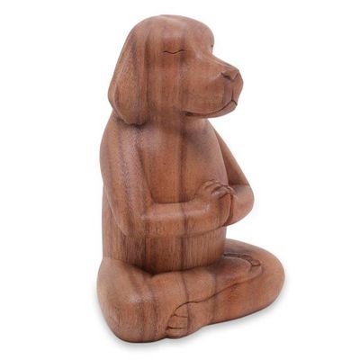 Alternate image for Brown Wood Puppy Sculpture in Whimsical Yoga Pose Meditating Puppy