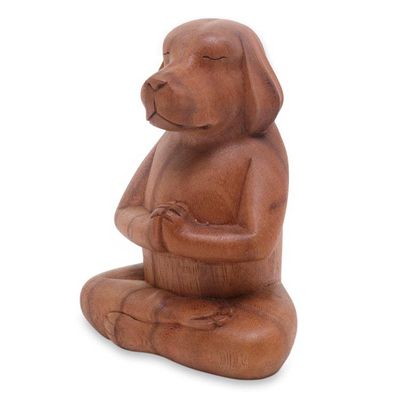 Alternate image for Brown Wood Puppy Sculpture in Whimsical Yoga Pose Meditating Puppy