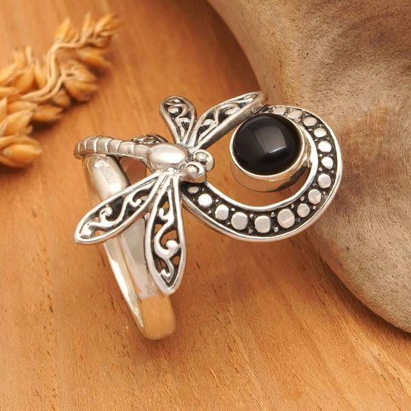 Alternate image for Dragonfly-Themed Sterling Silver Cocktail Ring with Onyx Gem Dragonflys Palace