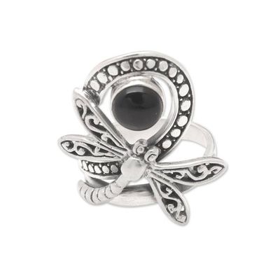 Alternate image for Dragonfly-Themed Sterling Silver Cocktail Ring with Onyx Gem Dragonflys Palace