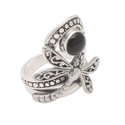 Alternate image for Dragonfly-Themed Sterling Silver Cocktail Ring with Onyx Gem Dragonflys Palace