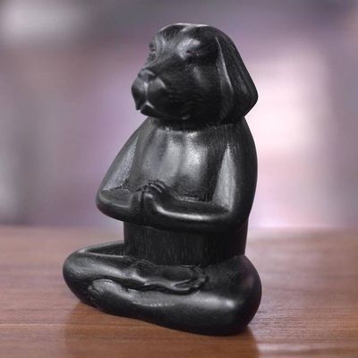 Primary image for Wood Sculpture of Black Puppy Dog in Meditation Pose Meditating Black Puppy