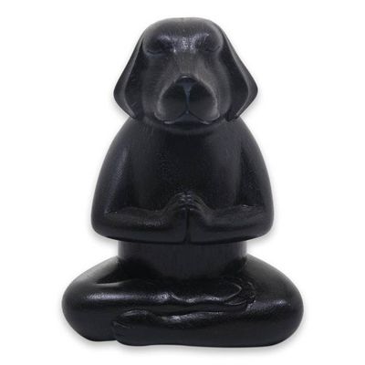 Alternate image for Wood Sculpture of Black Puppy Dog in Meditation Pose Meditating Black Puppy